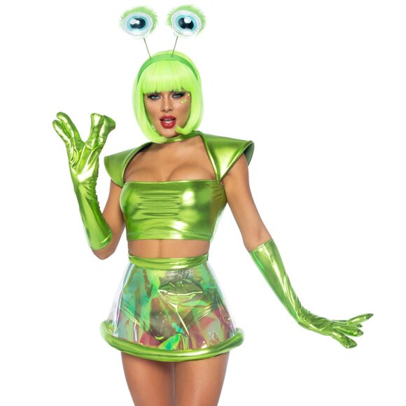 Beam Me Up Babe Alien Costume, Metallic Crop Top with Clear Skirt and Glove - Picture 1 of 2